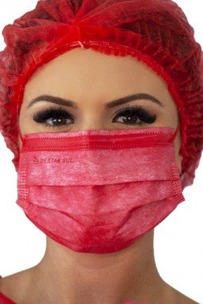 mascara cirurgica descartavel vermelha com elastico color destak com 50 unidades